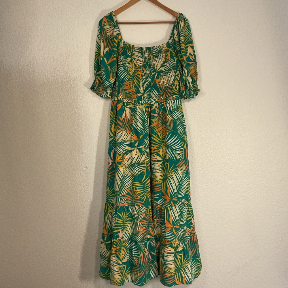 Betsey Johnson Vintage Tropical Retro Tiki Leaf Print Midi Dress